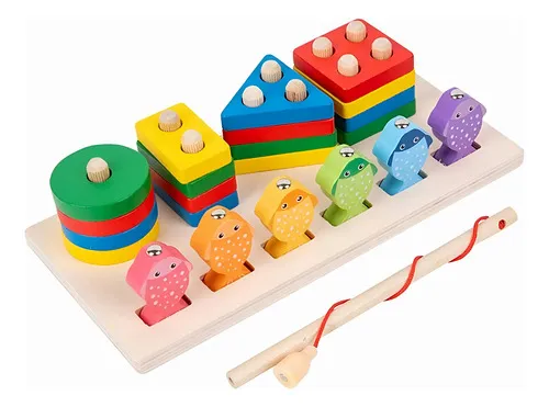 Producto Juego Pesca + 4 Torres Encastre Madera Didactico Iman Peces Color Multicolor Tienda Cracovia Juguete 2 En 1 Imagen